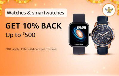 Get 10% Back up to ₹500 Cashback on Watches & smartwatches with 200 Diamonds