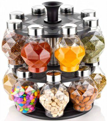 3D METRO SUPER STORE 360Ã?Â° Revolving New Diamond Spice Rack Masala Rack Spice Box Masala Box Masala Container (1 Stand,16 Plastic Bottles With Steel Cap) - 350 ml Plastic Utility Container  (Clear)