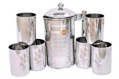 501 R.A Stainless Steel Water Pitcher with Lid & 6 Floral Glasses Set (1500ML)