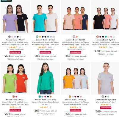 84% Off on Amazon Brand Women's T-Shirts | Starts @279 [ Pack Of 2 ]