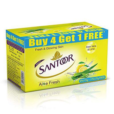 Santoor Aloe Fresh Soap with Aloe Vera and Lime, 125g (Buy 4 Get 1 Free)