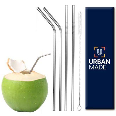 Urbanmade Straw Stainless Steel Straw for Kids and Adults Reusable Metal Straw Set with Cleaning Brush Long Steel Straws for Drinking Juice & Drinks Reusable Straw Pipe - (2-Straight, 2-Bend, 1-Brush)