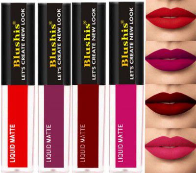 BLUSHIS Non Transfer Insta Beauty Waterproof Longlast SensationaL Liquid Matte Mini Lipstick Combo Pack Of 4 Red ,Purple Maroon and Magenta Colour Shade (Multicolor, 16 ml)