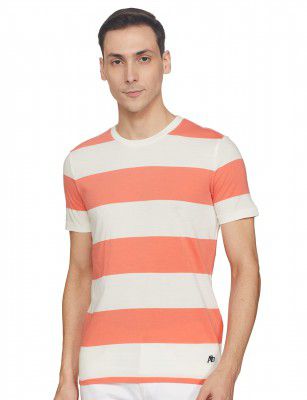 AEROPOSTALE Men Coral and White Crew Neck Stripe T-Shirt