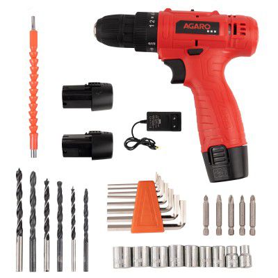 AGARO CD 2102 Cordless Screw Driver/Drill, 12 Volts, 2 Speed, Forward and Reverse, Extra 32 Accessories, Battery,Adapter, Home DIY And Professional Use, Red & Black