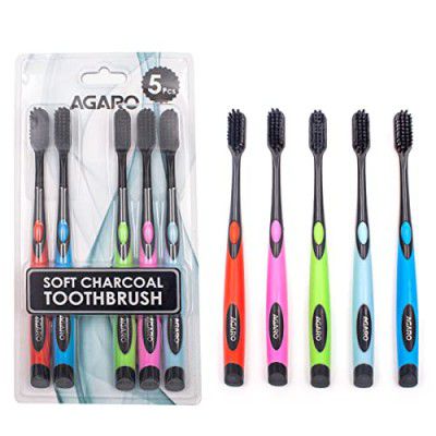 AGARO Charcoal Manual Toothbrush, Gentle Soft, Teeth Whitening For Adults & Children, Medium Tip Bristles, Family Pack of 5, Mix Colour