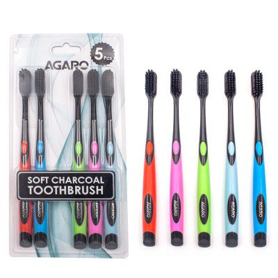 AGARO Charcoal Toothbrush, Gentle Soft, Teeth Whitening For Adults & Children, Medium Tip Bristles, Family Pack of 5, Mix Colour