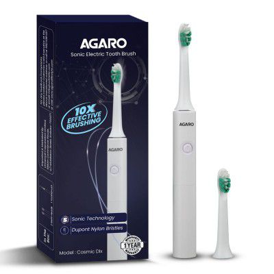 AGARO Cosmic Dlx Sonic AAA Battery Electric Toothbrush For Adults, Power Toothbrush, Soft Nylon Bristles, AAA Battery, White