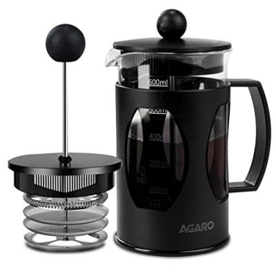 AGARO Elite French Press Coffee And Tea Maker, Borosilicate Glass Body With Sleeves, Glass Carafe, BPA Free Plastic Lid Strainer, 600Ml