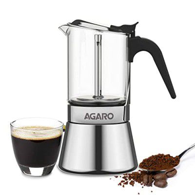 AGARO Imperial Moka Pot, Stovetop & Induction, Espresso Coffee, 240 Ml, Borosilicate Glass & Stainless Steel Built, Italian Style Mocha, Cuban Café Brewing, Silver