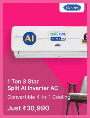  Carrier 1 -Ton 3 Star Split AI Inverter Air Conditioner @ ₹ 30990 in Flipkart Big Billion Days Sale 