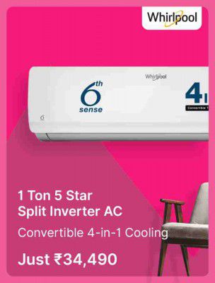 Whirlpool 1 Ton 5 Star Split Inverter Air Conditioner @ ₹ 34,490 in Flipkart Big Billion Days Sale 