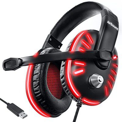 AirSound Gaming Over-Ear Headset Headphone| Red LED Lights| 7.1 Surround Sound| Noise Cancelling Mic| Volume Control, USB Interface for All Laptop (Alpha-2)