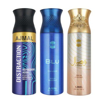 Ajmal 1 Distraction for Men & Women, 1 Blu Homme for Men and 1 Wisal for Women Deodorants each 200ML Combo pack of 3 (Total 600ML)