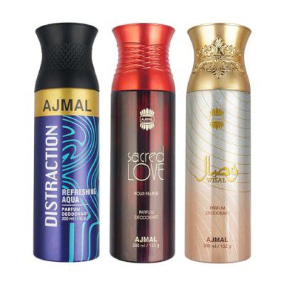 Ajmal 1 Distraction for Men & Women, 1 Sacred Love for Women and 1 Wisal for Women Deodorants each 200ML Combo pack of 3 (Total 600ML)