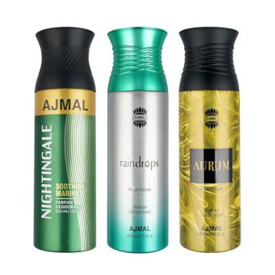 Ajmal 1 Nightingale for Men & Women, 1 Raindrops Femme for Women and 1 Aurum Femme for Women Deodorants each 200ML Combo pack of 3 (Total 600ML)