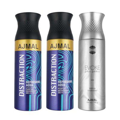 Ajmal 2 Distraction for Men & Women and 1 Evoke Silver Edition for Him for Men Deodorants each 200ML Combo pack of 3 (Total 600ML)