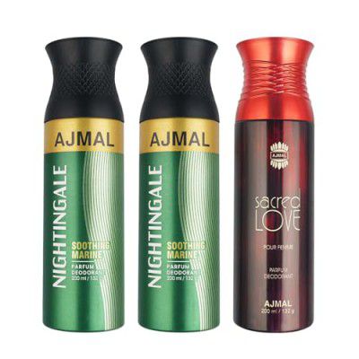 Ajmal 2 Nightingale for Men & Women and 1 Sacred Love for Women Deodorants each 200ML Combo pack of 3 (Total 600ML)