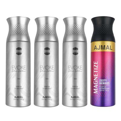 Ajmal 3 Evoke Silver Edition for Him for Men and 1 Magnetize for Men & Women Deodorants each 200ML Combo pack of 4 (Total 800 ml), Aquatic