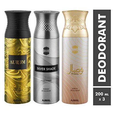 Ajmal Aurum & Silver Shade & Wisal Deodorant Spray - For Men & Women (200 ml, Pack of 3)