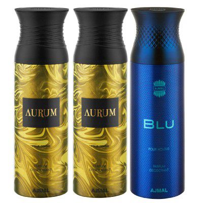 Ajmal Aurum & Aurum & Blu Deodorant Spray - For Men & Women (200 ml, Pack of 3) + 1 Perfume Tester