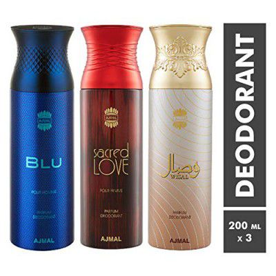 Ajmal Blu & Sacred Love & Wisal Deodorant Spray - For Men & Women (200 ml, Pack of 3)