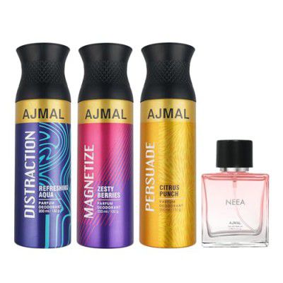 Ajmal Distraction & Magnetize & Persuade Deo each 200ML & Neea EDP 20ML Pack of 4 (Total 620ML)