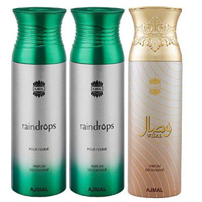 Ajmal Raindrops & Raindrops & Wisal Deodorant Spray - For Women (200 ml, Pack of 3)