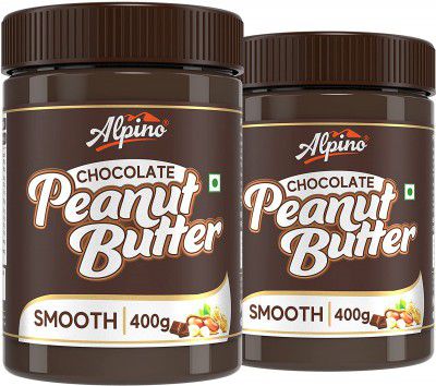 Alpino Chocolate Peanut Butter Smooth 800 G | Roasted Peanuts, Cocoa Powder & Choco Chips | High Protein Peanut Butter Creamy | Gluten-Free | Vegan | 400 G, Pack of 2