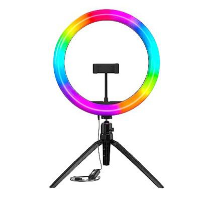 Amazon Basics 10-Inch LED RGB Ring Light with Table Top Tripod Stand and hot Shoe Adapter for Photo-Shoot, Video Shoot, Live Stream, Makeup & Vlogging, Compatible with iPhone/Android Phones & Camera