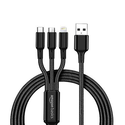 amazon basics 3-In-1 Charging Cable| Micro Usb, Type-C And Lightning, 15W Fast-Charging Cable | 1M, Wide Compatibility, Black