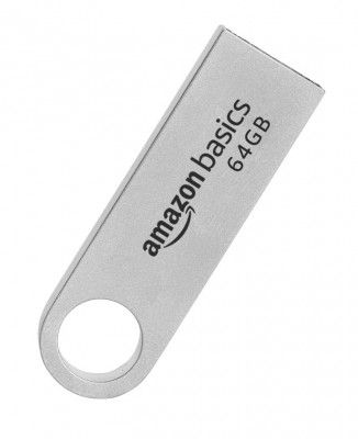 Amazon Basics 64 GB Flash Drive | USB 2.0 M Series | Metallic Silver