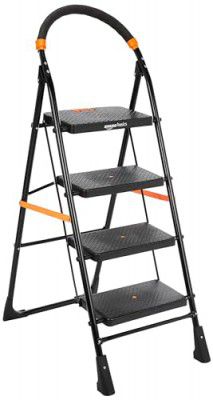 amazon basics Clamber - Foldable Step Ladder, Safety-Clutch Lock, Ribbed Steps, Knee Guard, Non-Marring PVC Shoes, 4 Steps (Steel, Black & Orange)