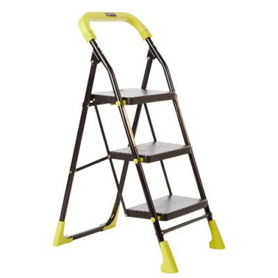 Amazon Basics Dynamo - Foldable 3-Step Steel Ladder | Anti-Skid Bottom with Anti-Slip Steps | Safety Clutch Lock | Knee Guard | for Home and Offices (Steel, Black and Lime Green)