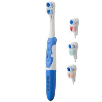 Amazon Basics Electric Automatic Toothbush for Adults- with 3 multicolor replaceable heads - AA Battery Powered