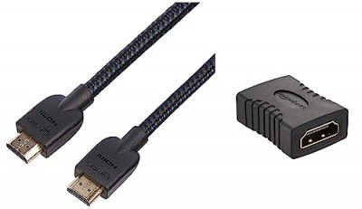 Amazon Basics High-Speed Braided HDMI Cable - 3 Feet - Supports Ethernet, 3D, 4K and Audio Return (Black) & HDMI Coupler,Black