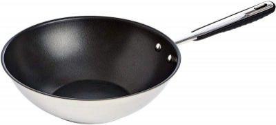 Amazon Basics Stainless Steel Induction Non Stick Wok Pan - with Soft Touch Handle, PFOA&BPA Free - 28 cm