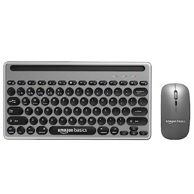 Amazon Basics Wireless Keyboard and Mouse Set with Bluetooth multiconnect, 2.4GHz Receiver,1600 DPI, Smartphone/Tablet Holder, Built in Rechargeable Battery