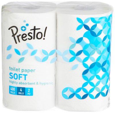 Amazon Brand - Presto! 2 Ply Toilet Tissue Paper, 100% Natural virgin paper - Pack of 4 (400 Pulls per Roll)