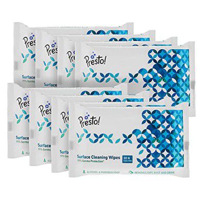 Amazon Brand - Presto! Surface Cleaning Wipes 240 Wipes | 30 wipes X 8 pack | 99% Germ Protection | Highly absorbent, strong and thick wipes | Resealable