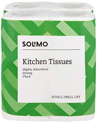 Amazon Brand - Solimo 2 Ply Kitchen Tissue Paper Roll - 4 Rolls (60 Pulls Per Roll)