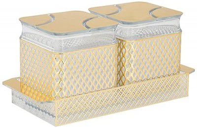 Amazon Brand - Solimo Air-Tight Dry Fruit Container Tray Set With Lid & Serving Tray, Airtight Plastic Storage Container Set 500 ml | Set of 2, Golden