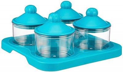 Amazon Brand - Solimo Air-Tight Dry Fruit Container Tray Set With Lid & Serving Tray, Airtight Plastic Storage Container Set 500 ml | Set of 4, Blue