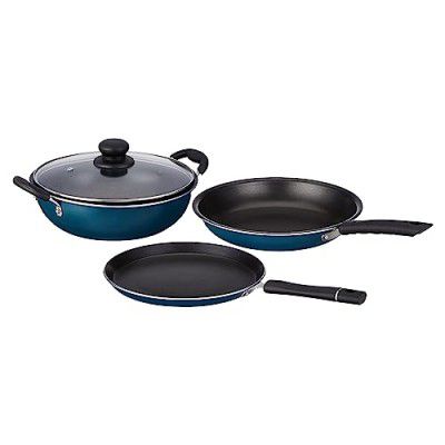 Amazon Brand - Solimo Aluminium – 3 Pcs Non Stick Cookware Sets, Tawa 25 Cm, Kadhai 24 Cm with Glass Lid, Fry Pan 24 Cm (Peacock Green)