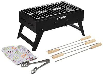 Amazon Brand - Solimo Big Foldable Fuel Powered Charcoal Barbeque Grill With 5 Skewers (Black)