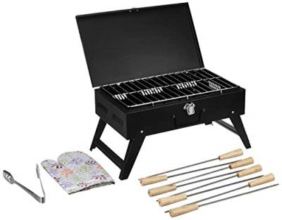 Amazon Brand - Solimo Briefcase Style Foldable Charcoal Barbeque Grill with 8 Skewers (Black)