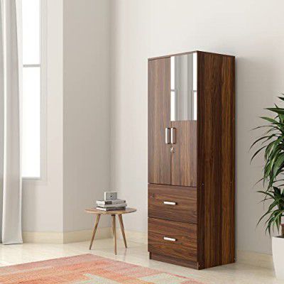 Amazon Brand - Solimo Cabelli Engineered Wood 2 Door Wardrobe with 2 Drawers and Mirror (Asian Walnut Finish)