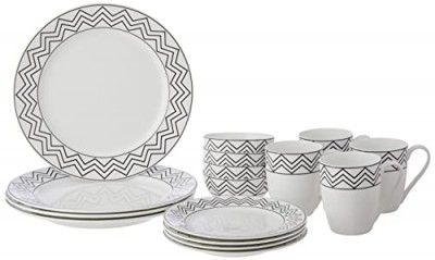 Amazon Brand - Solimo Ceramic Checkered 16 Piece Dinner Set | 4 Dinner Plates, 4 Quarter Plates, 4 Mugs & 4 Small Bowls | Zig Zag (White)