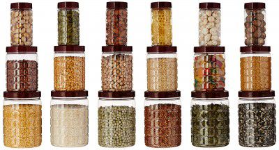 Amazon Brand - Solimo Checkered Jar Container Set of 18, 1000 ml, 500 ml, 200 ml, Transparent, Plastic