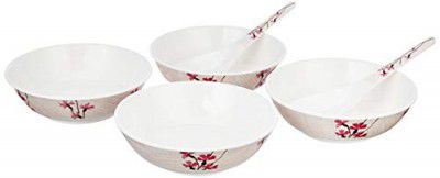 Amazon Brand - Solimo Classico Set of 4 Melamine Serving Bowls with Serving Spoons (7.5 inches,White)